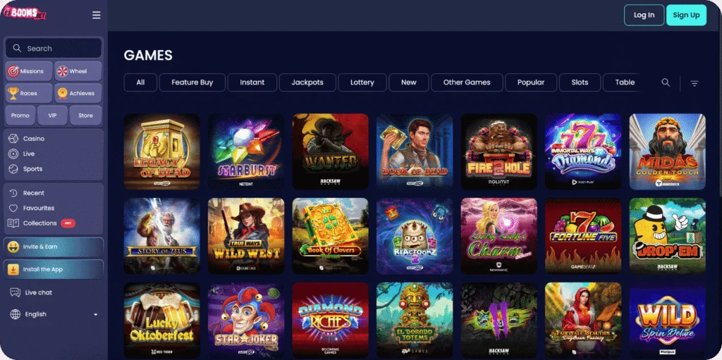Boomsbet casino lobby screenshot